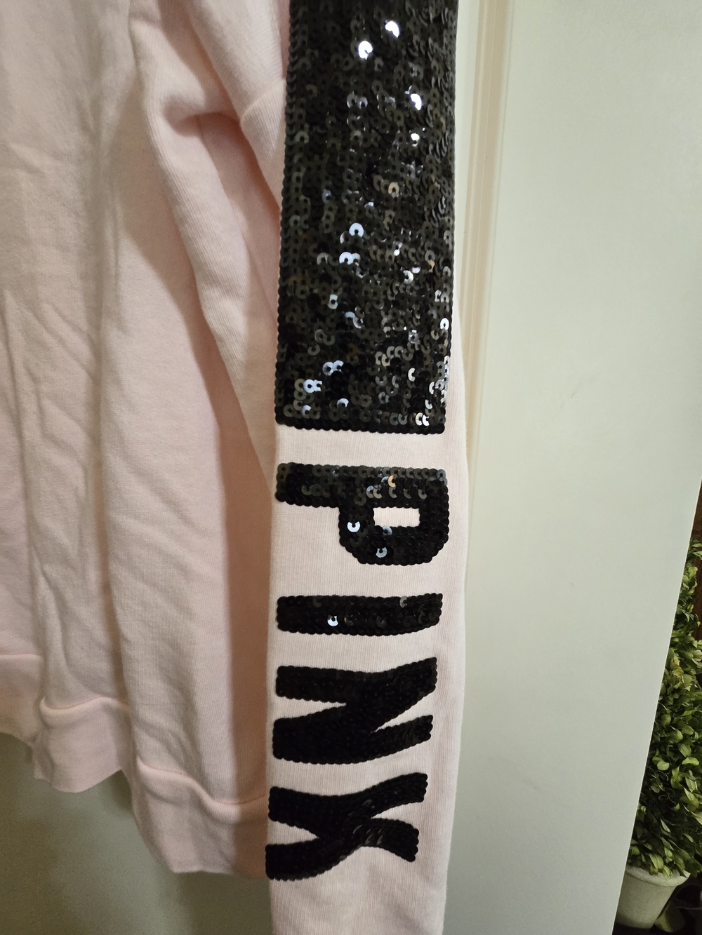 PINK Victoria's Secret Pullover Hoodie - Light Pink Sequin Sleeve Women's Top - Picture 2 of 11